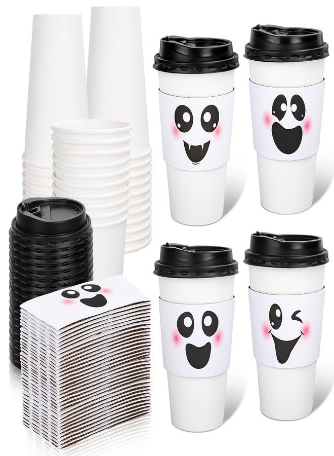 وولاين مجموعة أكواب قهوة ورقية من والين، 48 قطعة، بتصميم أشباح الهالوين، أكواب بيضاء لطيفة بتصميم شبح بو، سعة 16 أونصة، للاستخدام مرة واحدة، مع أغطية وأكمام، مناسبة للمشروبات الساخنة والباردة، لوازم حفلات أعياد الميلاد والعطلات، 4 تصاميم - Image 1